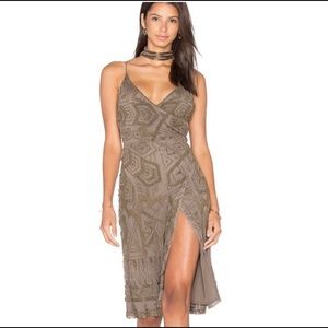 Majorelle Beaded Tan Faux Wrap Dress